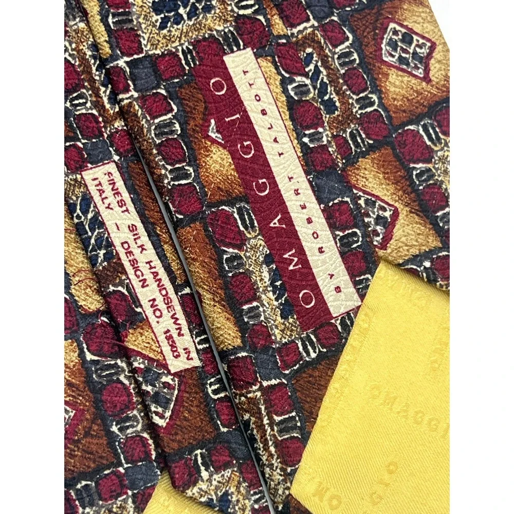Omaggio Robert Talbott Silk Tie Burgundy Gold Geometric Mosaic Handsewn Italy